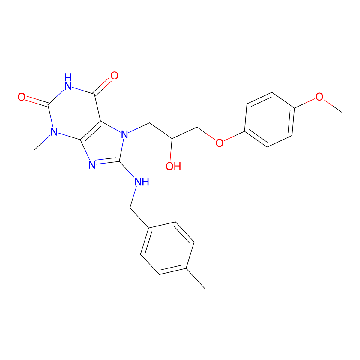 7-(2-hydroxy-3-(4-methoxyphenoxy)propyl)-3-methyl-8-((4-methylbenzyl)amino)-1H-purine-2,6(3H,7H)-dione molecular structure, CAS 505080-70-6
