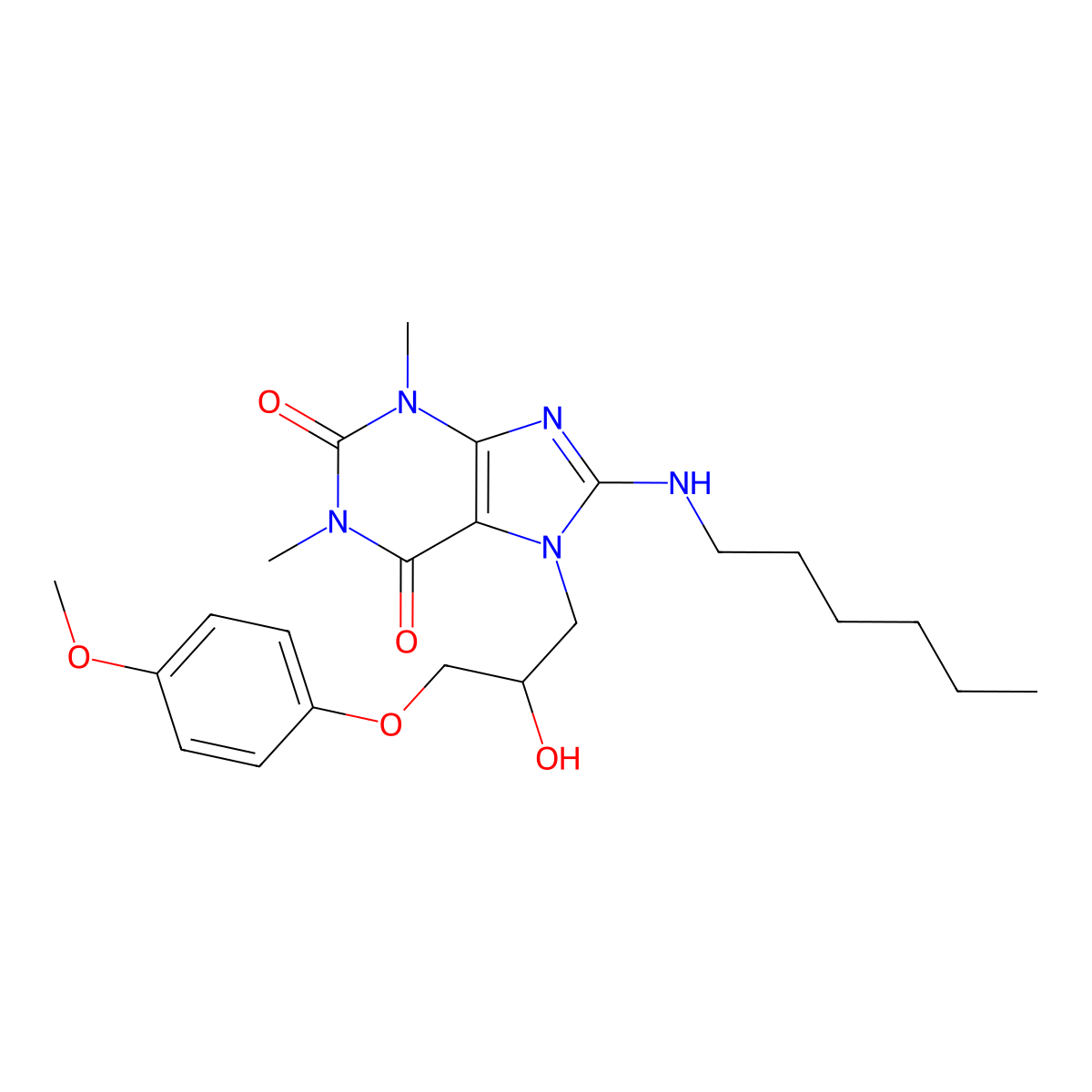 8-(hexylamino)-7-(2-hydroxy-3-(4-methoxyphenoxy)propyl)-1,3-dimethyl-1H-purine-2,6(3H,7H)-dione molecular structure, CAS 505080-71-7
