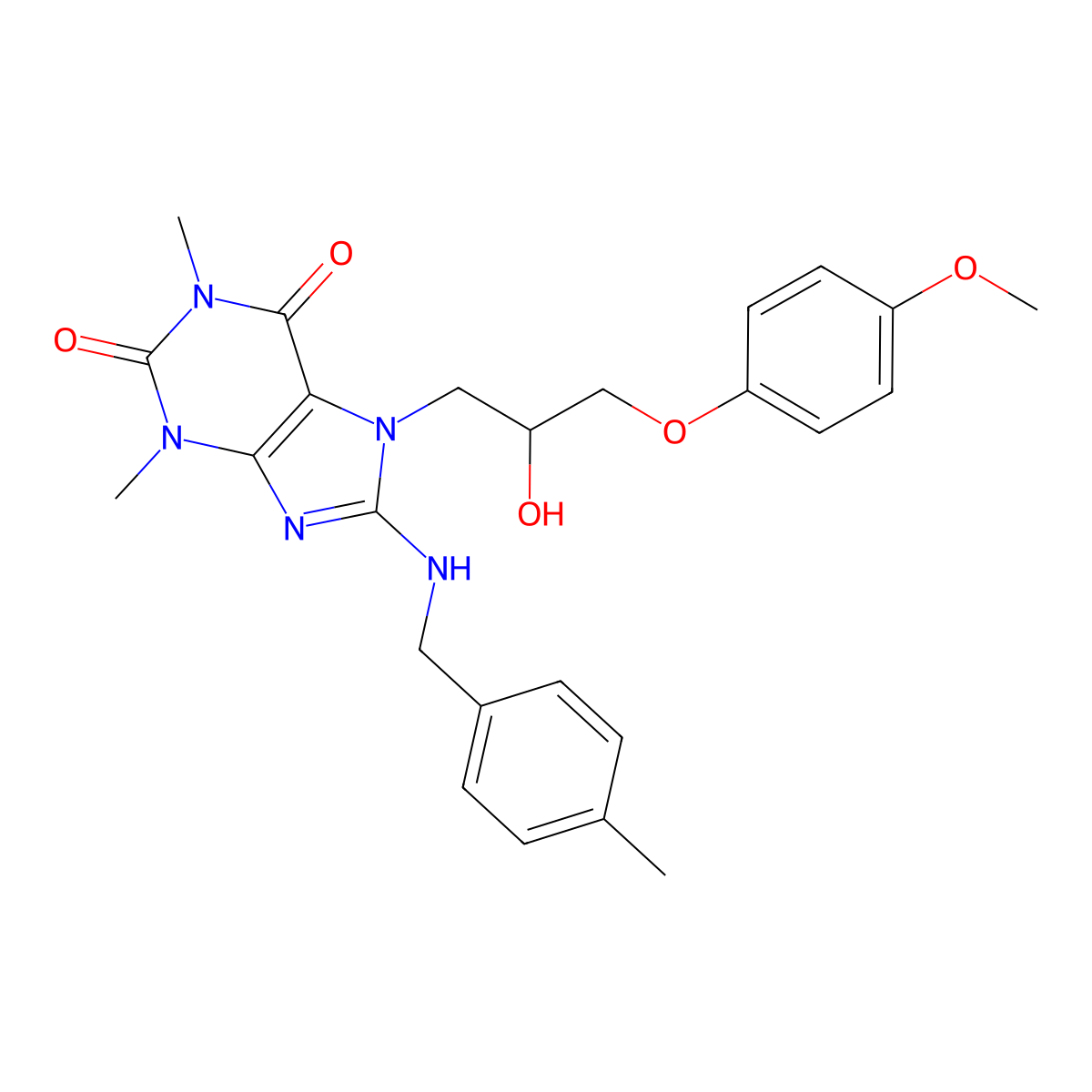 7-(2-hydroxy-3-(4-methoxyphenoxy)propyl)-1,3-dimethyl-8-((4-methylbenzyl)amino)-1H-purine-2,6(3H,7H)-dione molecular structure, CAS 505080-72-8