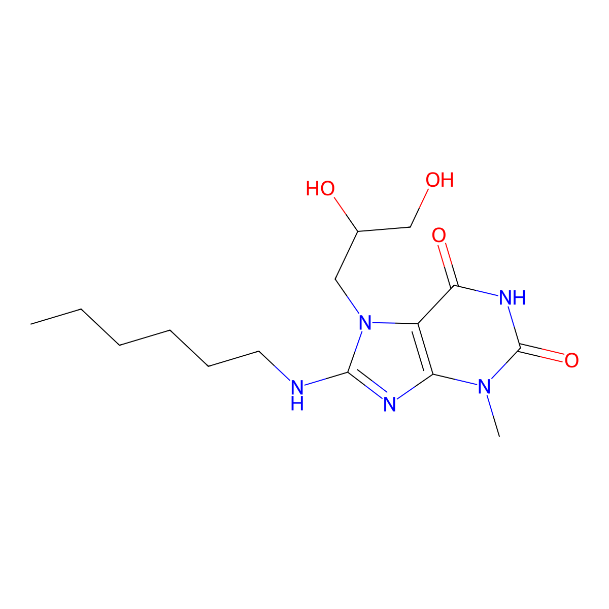 7-(2,3-dihydroxypropyl)-8-(hexylamino)-3-methyl-3,7-dihydro-1H-purine-2,6-dione molecular structure, CAS 505080-75-1