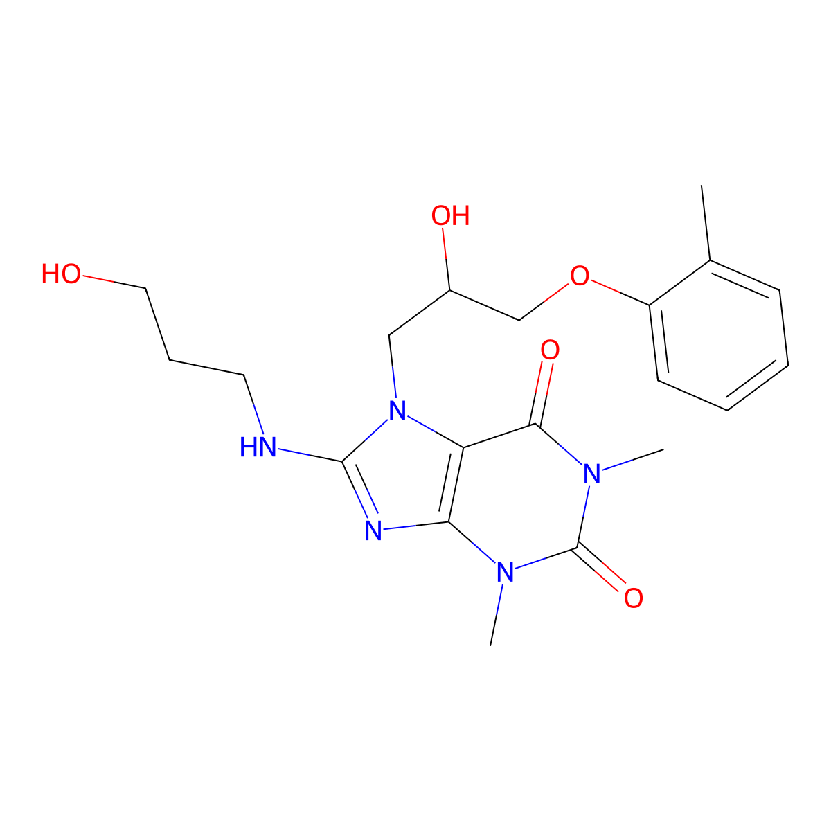 7-(2-hydroxy-3-(o-tolyloxy)propyl)-8-((3-hydroxypropyl)amino)-1,3-dimethyl-1H-purine-2,6(3H,7H)-dione molecular structure, CAS 505080-82-0