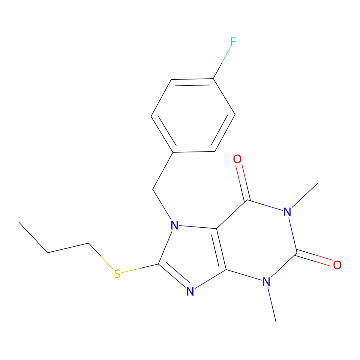 7-(4-fluorobenzyl)-1,3-dimethyl-8-(propylthio)-1H-purine-2,6(3H,7H)-dione molecular structure, CAS 505080-90-0