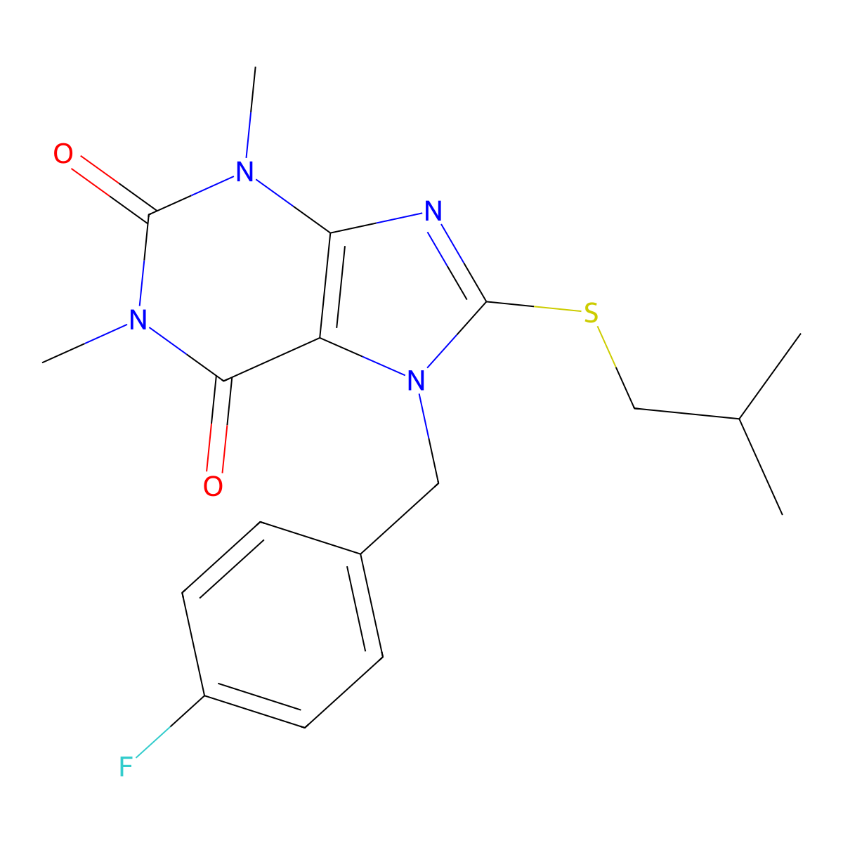 7-(4-fluorobenzyl)-8-(isobutylthio)-1,3-dimethyl-1H-purine-2,6(3H,7H)-dione molecular structure, CAS 505080-91-1