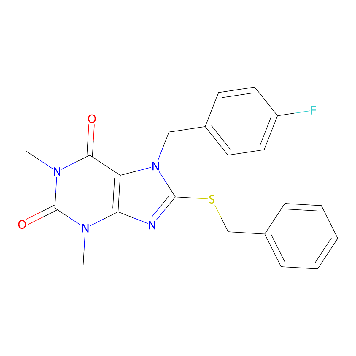 8-Benzylsulfanyl-7-[(4-fluorophenyl)methyl]-1,3-dimethylpurine-2,6-dione molecular structure, CAS 505080-93-3
