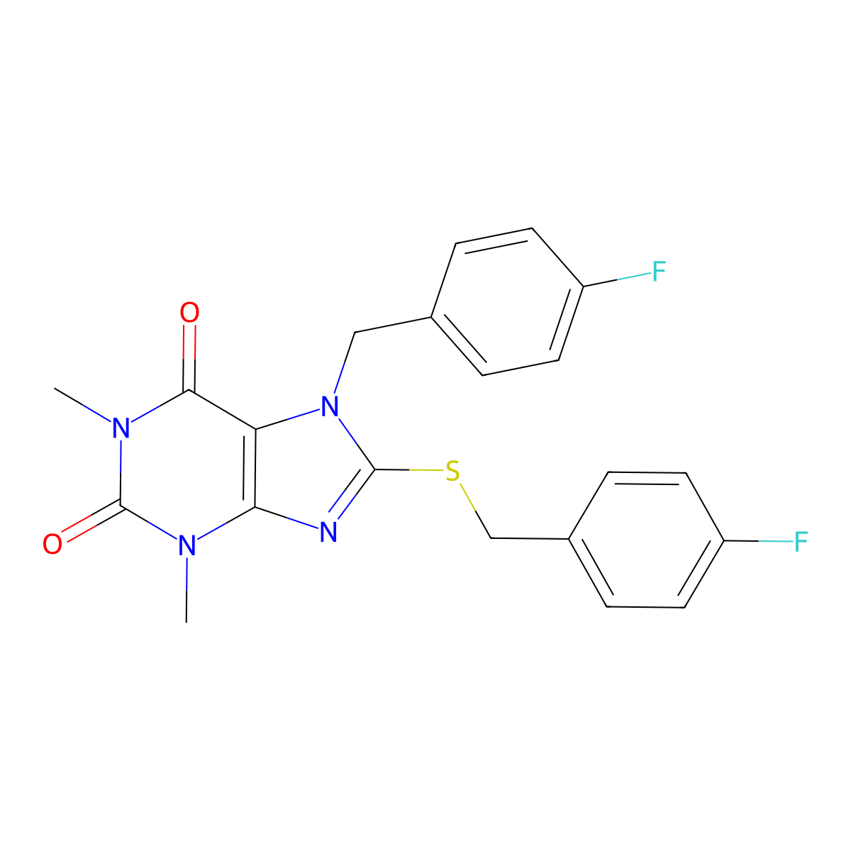 7-(4-fluorobenzyl)-8-((4-fluorobenzyl)thio)-1,3-dimethyl-1H-purine-2,6(3H,7H)-dione molecular structure, CAS 505080-94-4