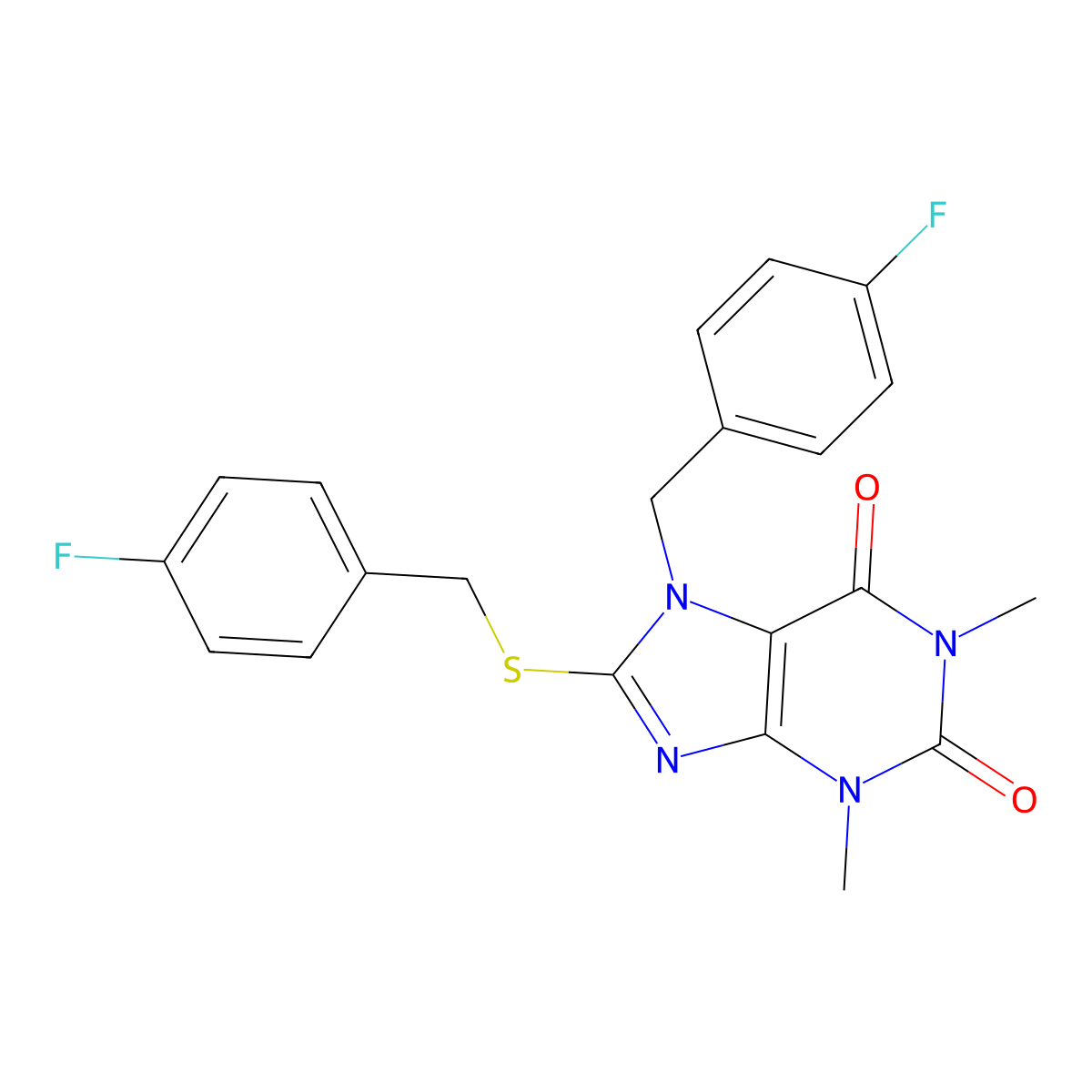7-(4-fluorobenzyl)-8-((4-fluorobenzyl)thio)-1,3-dimethyl-1H-purine-2,6(3H,7H)-dione molecular structure, CAS 505080-94-4
