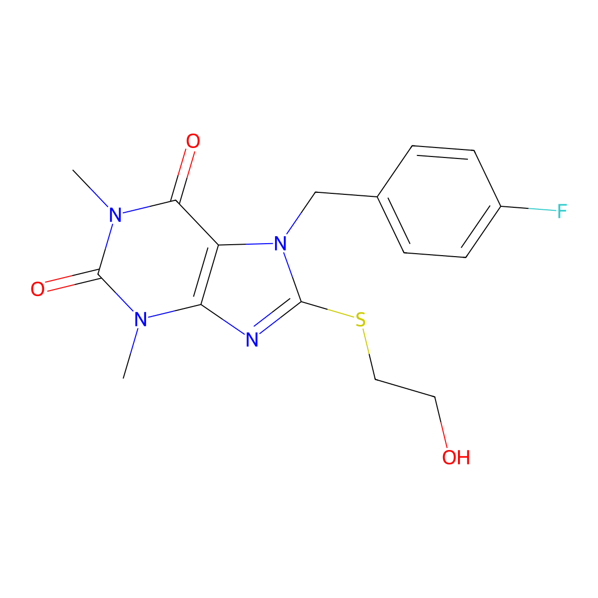 7-(4-fluorobenzyl)-8-((2-hydroxyethyl)thio)-1,3-dimethyl-1H-purine-2,6(3H,7H)-dione molecular structure, CAS 505080-95-5