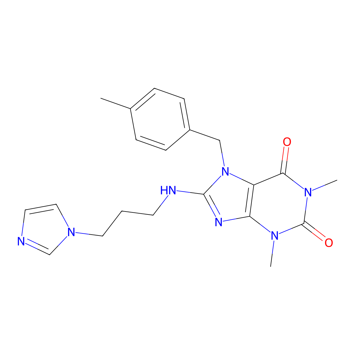 8-(3-Imidazol-1-yl-propylamino)-1,3-dimethyl-7-(4-methyl-benzyl)-3,7-dihydro-purine-2,6-dione molecular structure, CAS 505080-96-6