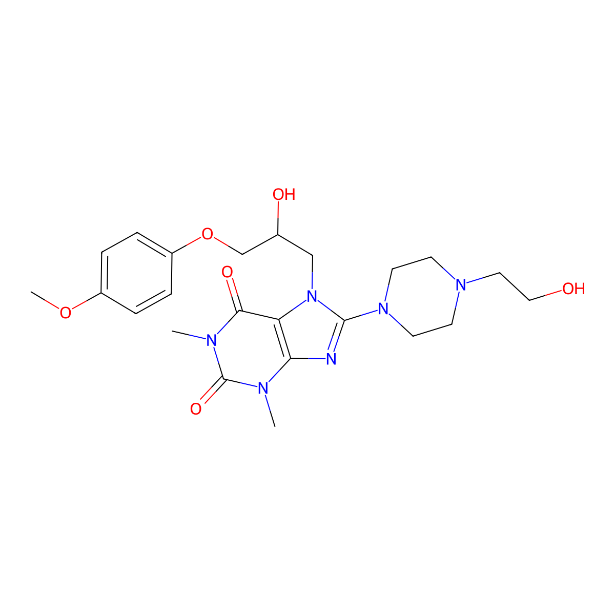 7-(2-hydroxy-3-(4-methoxyphenoxy)propyl)-8-(4-(2-hydroxyethyl)piperazin-1-yl)-1,3-dimethyl-1H-purine-2,6(3H,7H)-dione molecular structure, CAS 505081-07-2