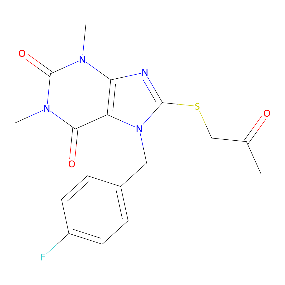 7-(4-fluorobenzyl)-1,3-dimethyl-8-((2-oxopropyl)thio)-1H-purine-2,6(3H,7H)-dione molecular structure, CAS 505081-08-3