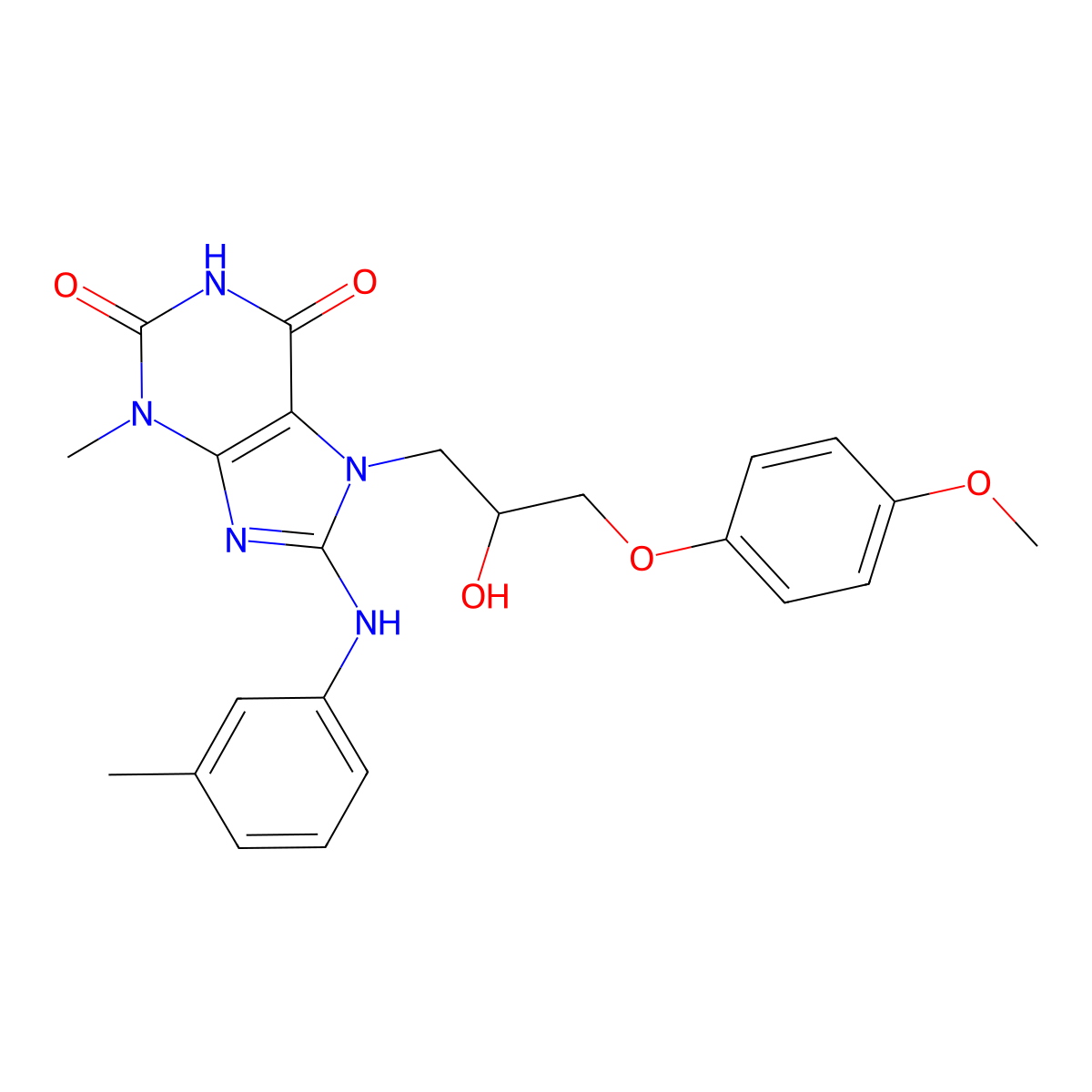7-(2-hydroxy-3-(4-methoxyphenoxy)propyl)-3-methyl-8-(m-tolylamino)-1H-purine-2,6(3H,7H)-dione molecular structure, CAS 505081-15-2