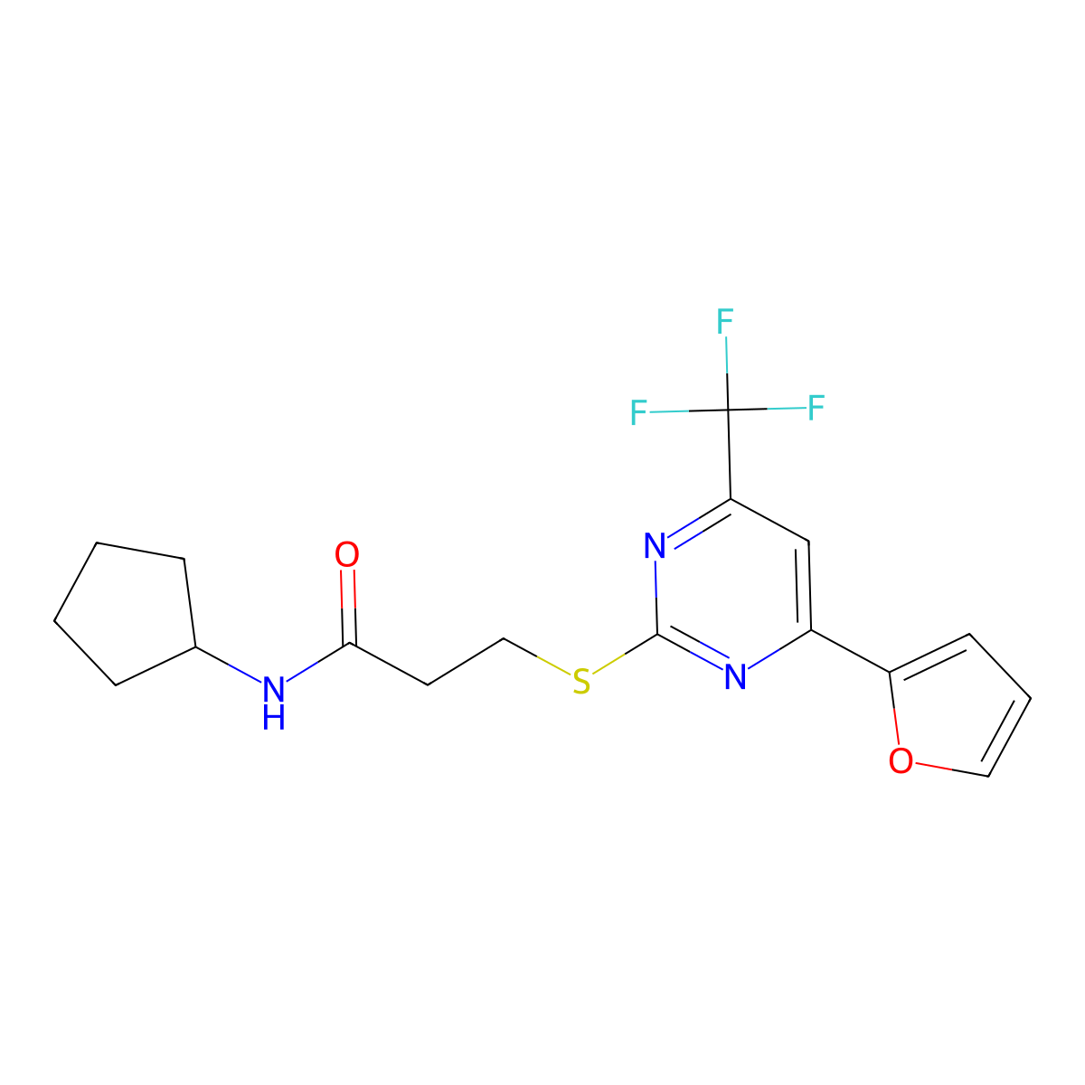 N-cyclopentyl-3-{[4-(2-furyl)-6-(trifluoromethyl)-2-pyrimidinyl]sulfanyl}propanamide molecular structure, CAS 505089-14-5