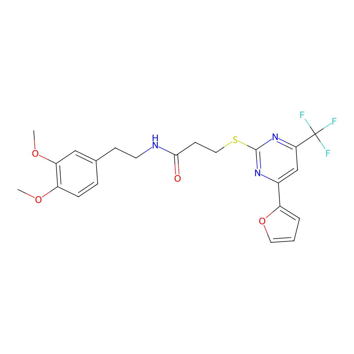 N-[2-(3,4-dimethoxyphenyl)ethyl]-3-{[4-(2-furyl)-6-(trifluoromethyl)-2-pyrimidinyl]thio}propanamide molecular structure, CAS 505089-29-2