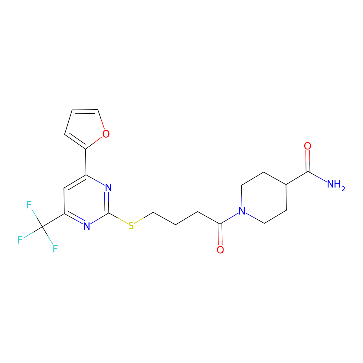 1-[4-[4-(Furan-2-yl)-6-(trifluoromethyl)pyrimidin-2-yl]sulfanylbutanoyl]piperidine-4-carboxamide molecular structure, CAS 505089-90-7
