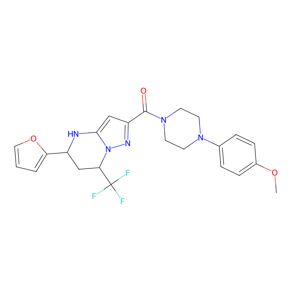 4-(4-{[5-(2-Furyl)-7-(trifluoromethyl)-4,5,6,7-tetrahydropyrazolo[1,5-a]pyrimidin-2-yl]carbonyl}-1-piperazinyl)phenyl methyl ether molecular structure, CAS 505091-39-4