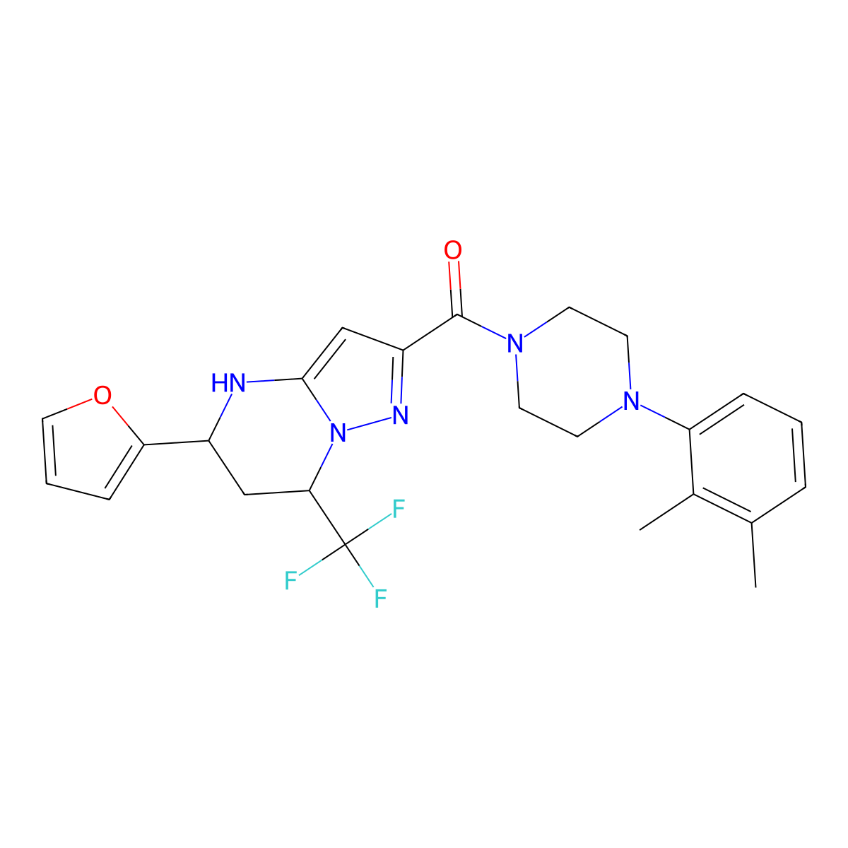 [4-(2,3-Dimethyl-phenyl)-piperazin-1-yl]-(5-furan-2-yl-7-trifluoromethyl-4,5,6,7-tetrahydro-pyrazolo[1,5-a]pyrimidin-2-yl)-methanone molecular structure, CAS 505091-46-3