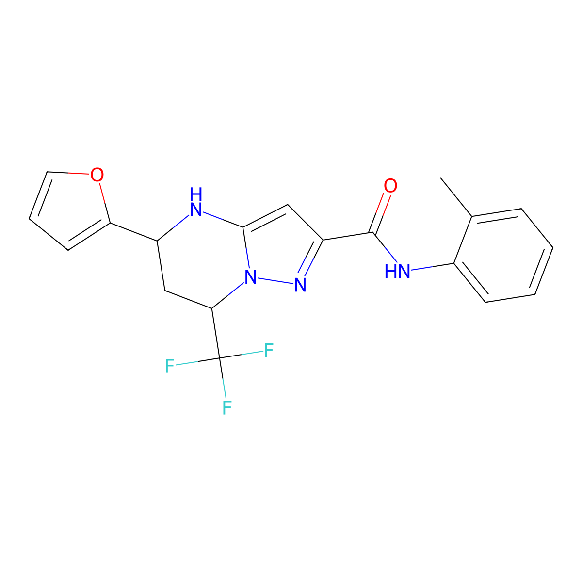 5-(furan-2-yl)-N-(2-methylphenyl)-7-(trifluoromethyl)-1,5,6,7-tetrahydropyrazolo[1,5-a]pyrimidine-2-carboxamide molecular structure, CAS 505091-68-9