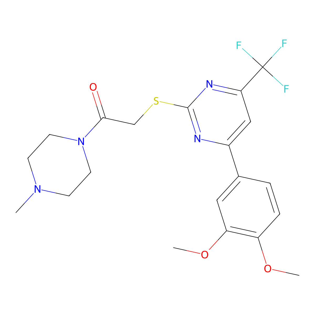 2-[4-(3,4-Dimethoxyphenyl)-6-(trifluoromethyl)pyrimidin-2-yl]sulfanyl-1-(4-methylpiperazin-1-yl)ethanone molecular structure, CAS 505092-08-0
