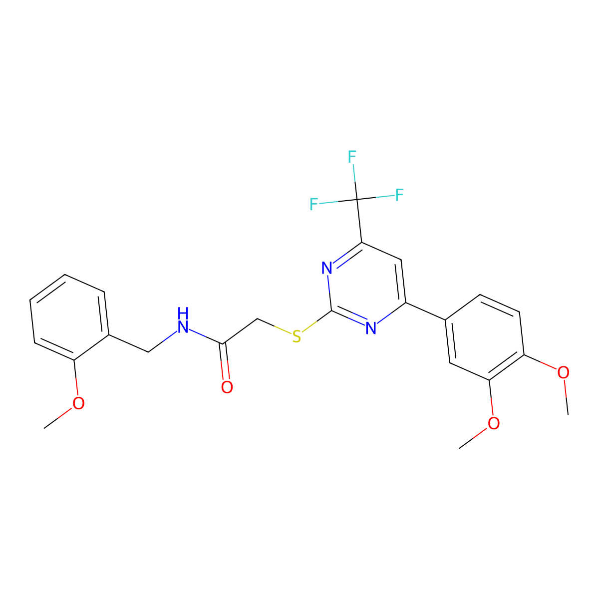 2-{[4-(3,4-dimethoxyphenyl)-6-(trifluoromethyl)-2-pyrimidinyl]sulfanyl}-N-(2-methoxybenzyl)acetamide molecular structure, CAS 505092-27-3