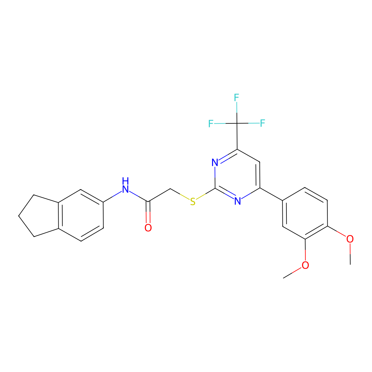 N-(2,3-dihydro-1H-inden-5-yl)-2-{[4-(3,4-dimethoxyphenyl)-6-(trifluoromethyl)-2-pyrimidinyl]sulfanyl}acetamide molecular structure, CAS 505092-41-1