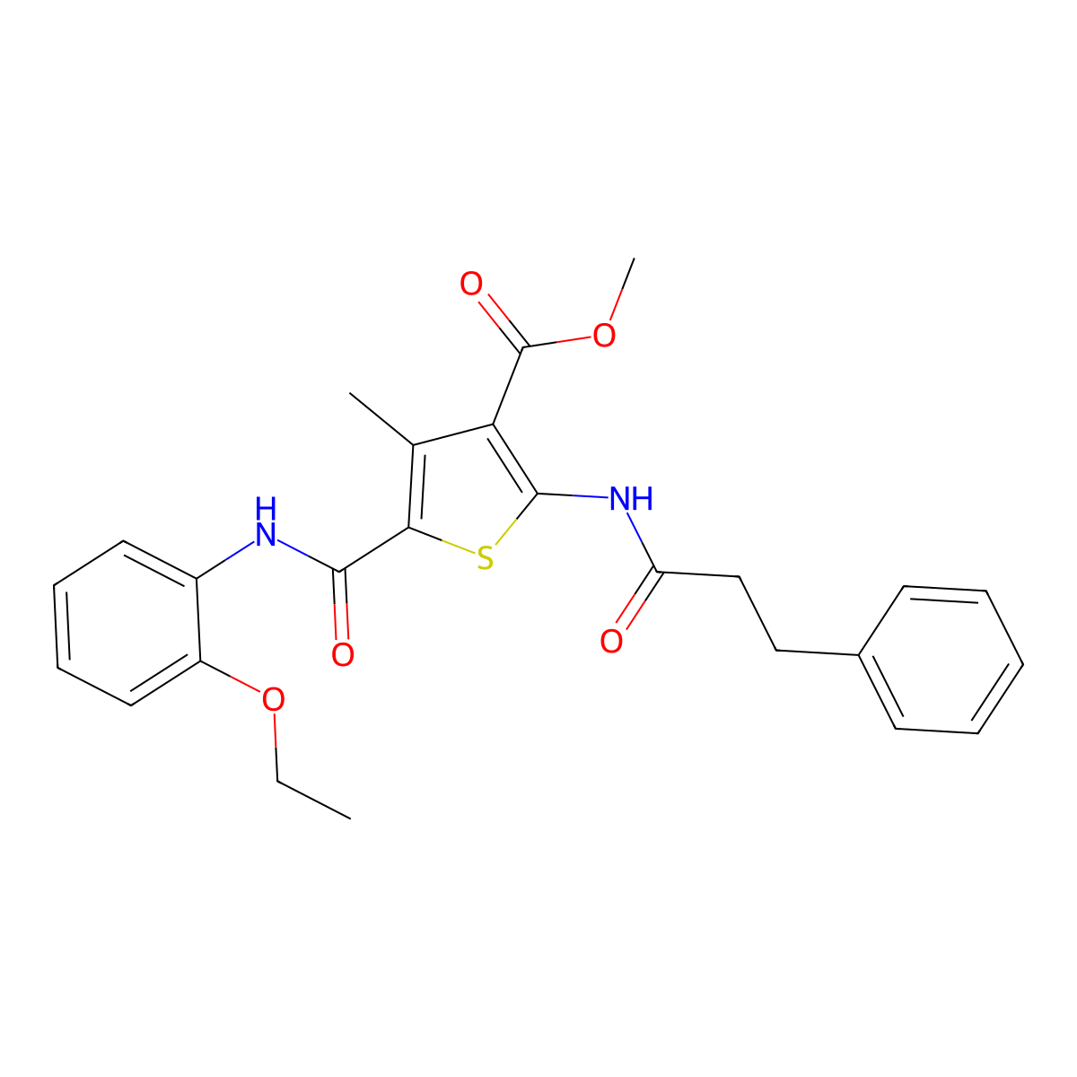 Methyl 5-((2-ethoxyphenyl)carbamoyl)-4-methyl-2-(3-phenylpropanamido)thiophene-3-carboxylate molecular structure, CAS 505095-42-1