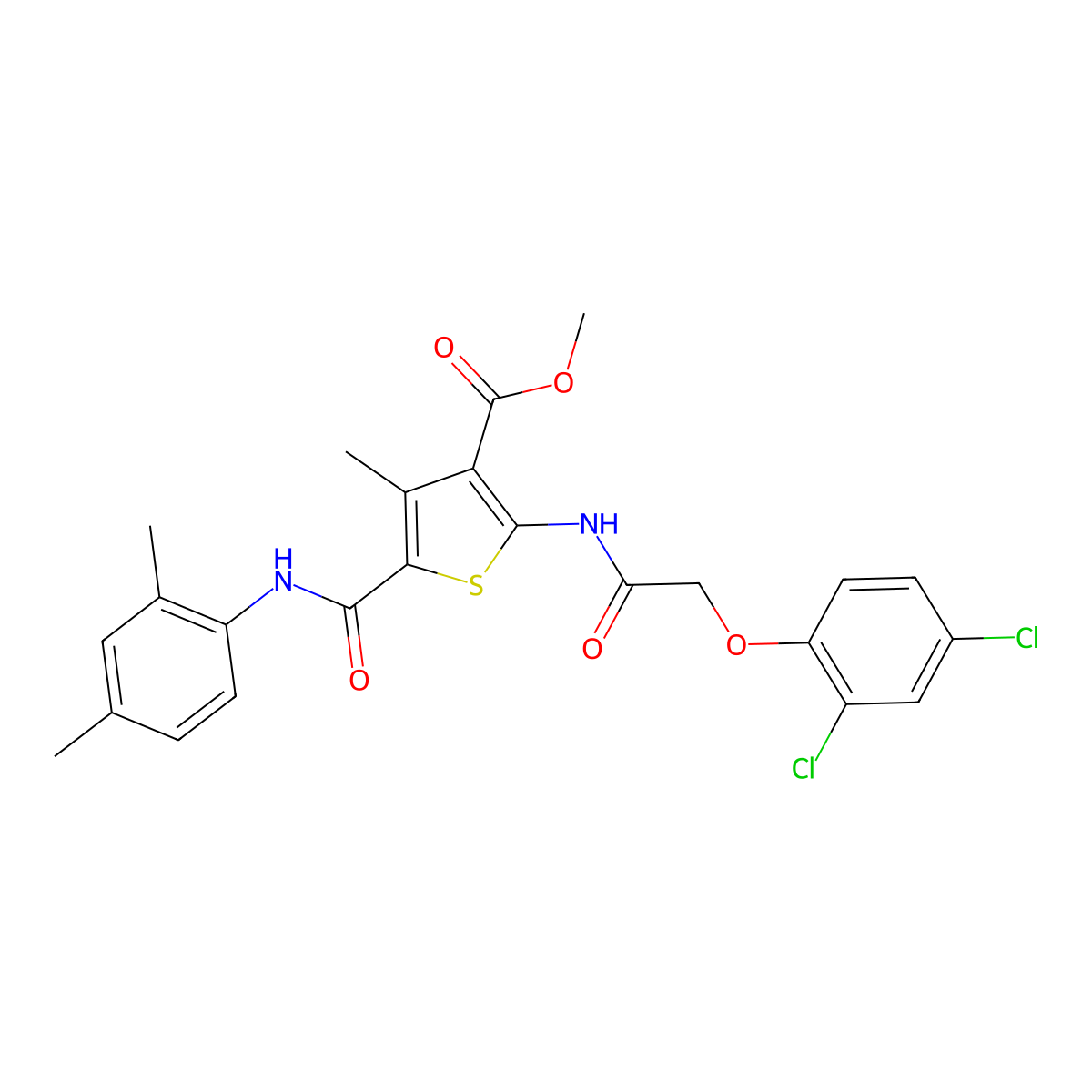 Methyl 2-(2-(2,4-dichlorophenoxy)acetamido)-5-((2,4-dimethylphenyl)carbamoyl)-4-methylthiophene-3-carboxylate molecular structure, CAS 505095-51-2