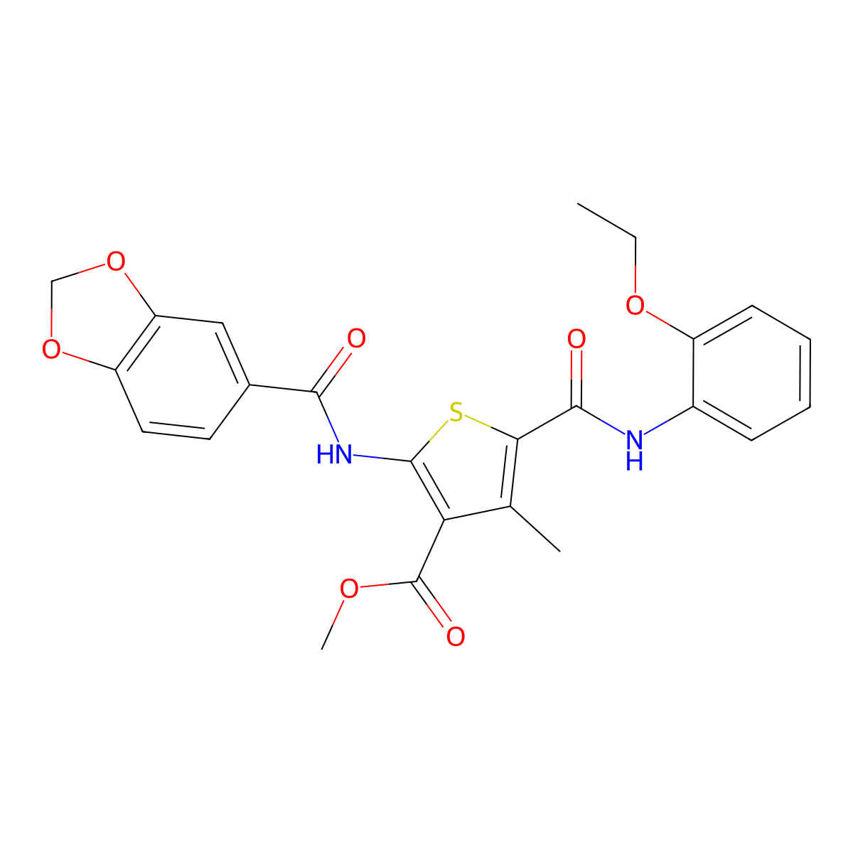 Methyl 2-(benzo[d][1,3]dioxole-5-carboxamido)-5-((2-ethoxyphenyl)carbamoyl)-4-methylthiophene-3-carboxylate molecular structure, CAS 505095-52-3