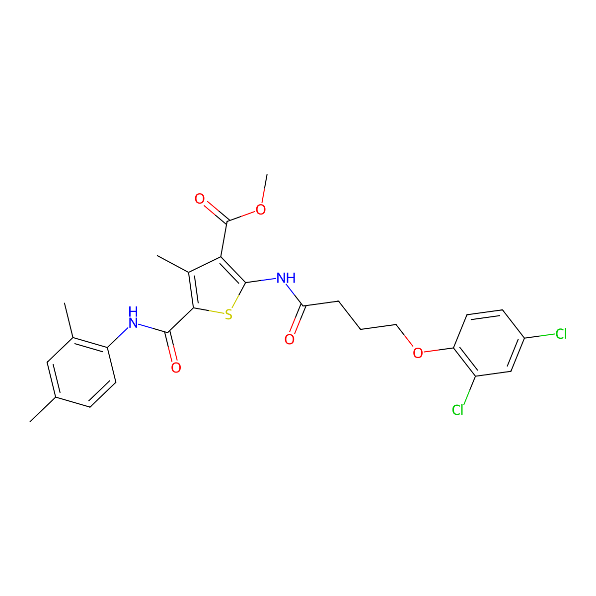 Methyl 2-(4-(2,4-dichlorophenoxy)butanamido)-5-((2,4-dimethylphenyl)carbamoyl)-4-methylthiophene-3-carboxylate molecular structure, CAS 505095-55-6