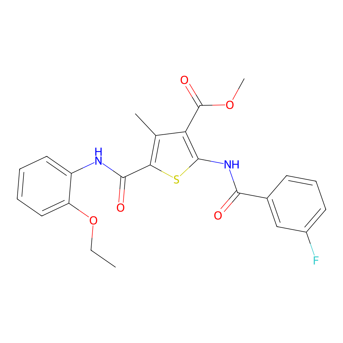 Methyl 5-((2-ethoxyphenyl)carbamoyl)-2-(3-fluorobenzamido)-4-methylthiophene-3-carboxylate molecular structure, CAS 505095-59-0