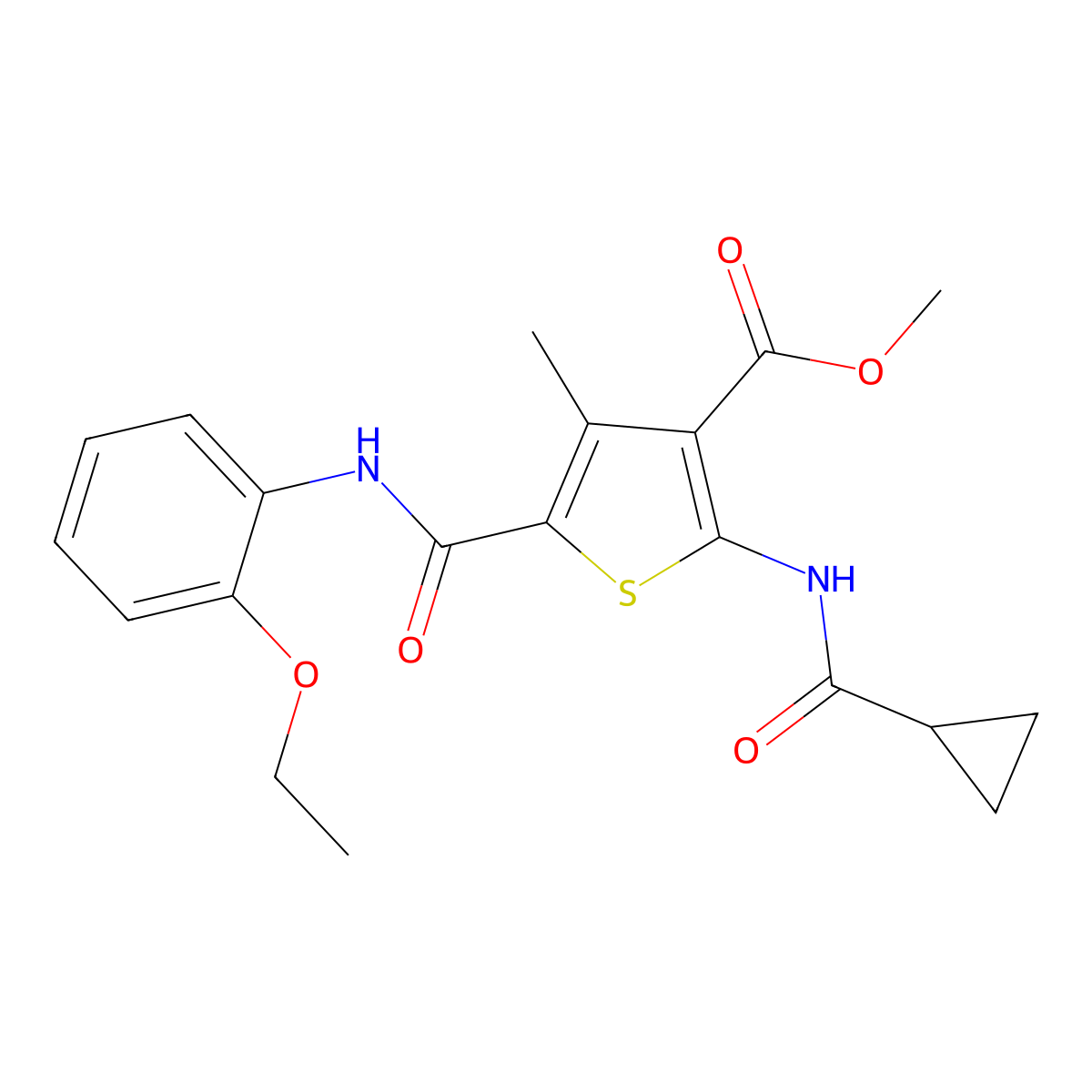 Methyl 2-(cyclopropanecarboxamido)-5-((2-ethoxyphenyl)carbamoyl)-4-methylthiophene-3-carboxylate molecular structure, CAS 505095-60-3