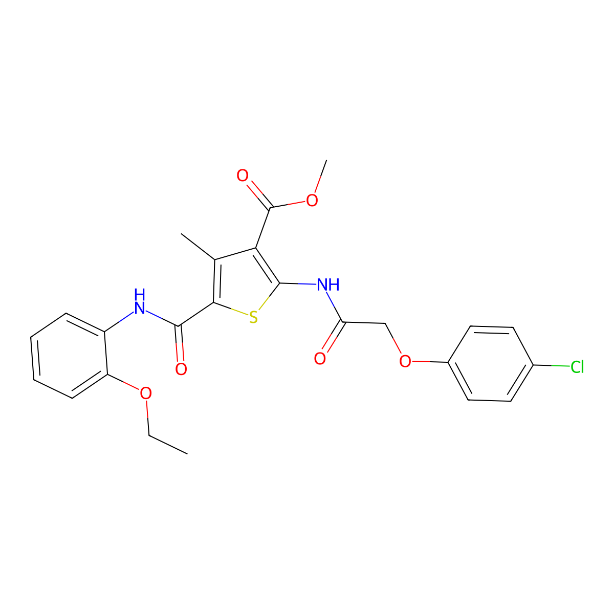 Methyl 2-(2-(4-chlorophenoxy)acetamido)-5-((2-ethoxyphenyl)carbamoyl)-4-methylthiophene-3-carboxylate molecular structure, CAS 505095-79-4