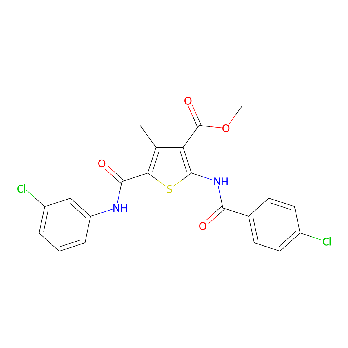 Methyl 2-(4-chlorobenzamido)-5-((3-chlorophenyl)carbamoyl)-4-methylthiophene-3-carboxylate molecular structure, CAS 505096-13-9