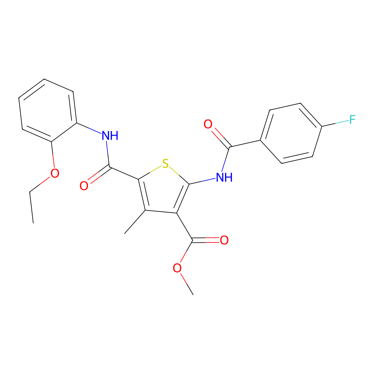 Methyl 5-((2-ethoxyphenyl)carbamoyl)-2-(4-fluorobenzamido)-4-methylthiophene-3-carboxylate molecular structure, CAS 505096-33-3