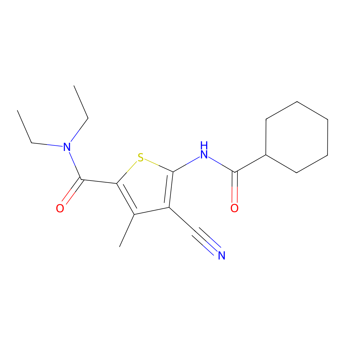 4-cyano-5-(cyclohexanecarbonylamino)-N,N-diethyl-3-methylthiophene-2-carboxamide molecular structure, CAS 505096-46-8