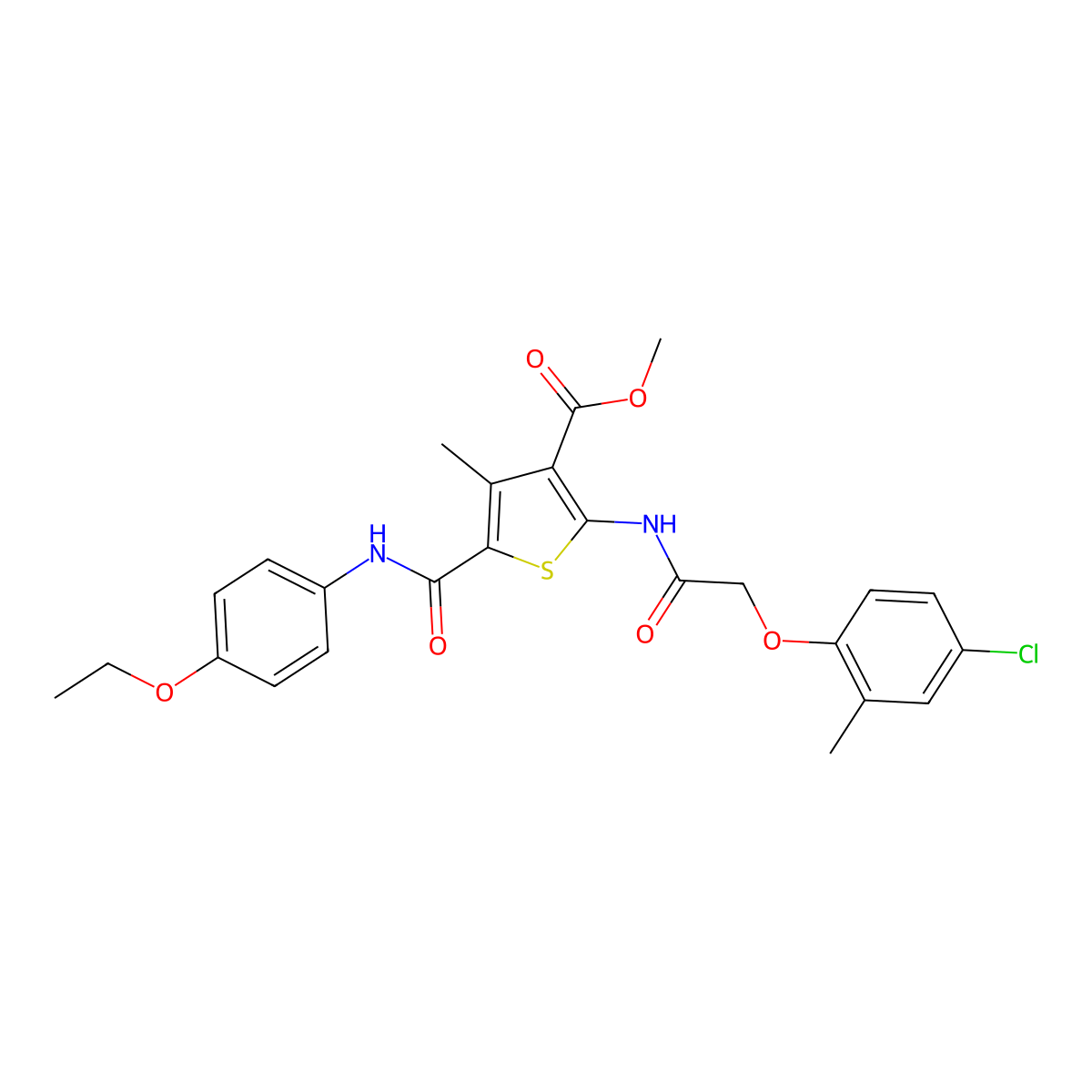Methyl 2-(2-(4-chloro-2-methylphenoxy)acetamido)-5-((4-ethoxyphenyl)carbamoyl)-4-methylthiophene-3-carboxylate molecular structure, CAS 505096-47-9