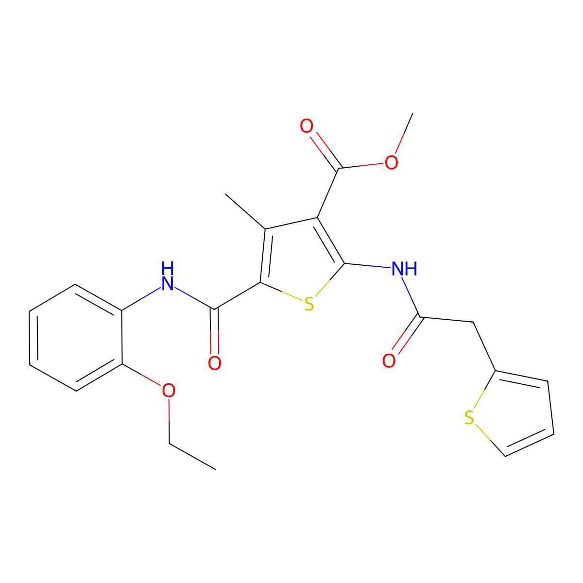 Methyl 5-((2-ethoxyphenyl)carbamoyl)-4-methyl-2-(2-(thiophen-2-yl)acetamido)thiophene-3-carboxylate molecular structure, CAS 505096-52-6