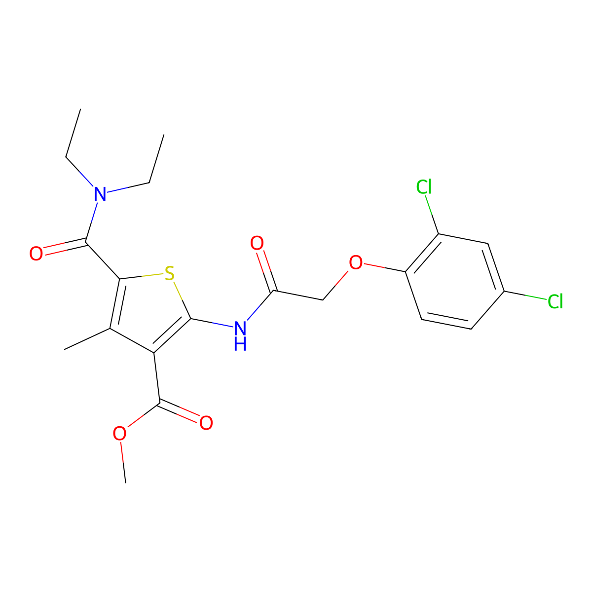 Methyl 2-(2-(2,4-dichlorophenoxy)acetamido)-5-(diethylcarbamoyl)-4-methylthiophene-3-carboxylate molecular structure, CAS 505096-56-0