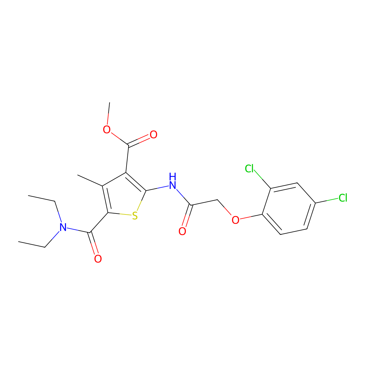 Methyl 2-(2-(2,4-dichlorophenoxy)acetamido)-5-(diethylcarbamoyl)-4-methylthiophene-3-carboxylate molecular structure, CAS 505096-56-0