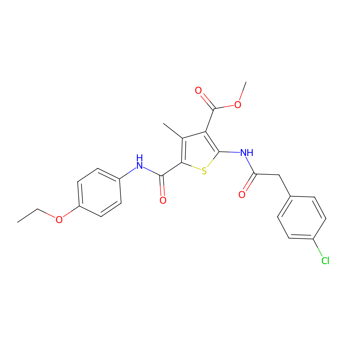 Methyl 2-(2-(4-chlorophenyl)acetamido)-5-((4-ethoxyphenyl)carbamoyl)-4-methylthiophene-3-carboxylate molecular structure, CAS 505096-61-7