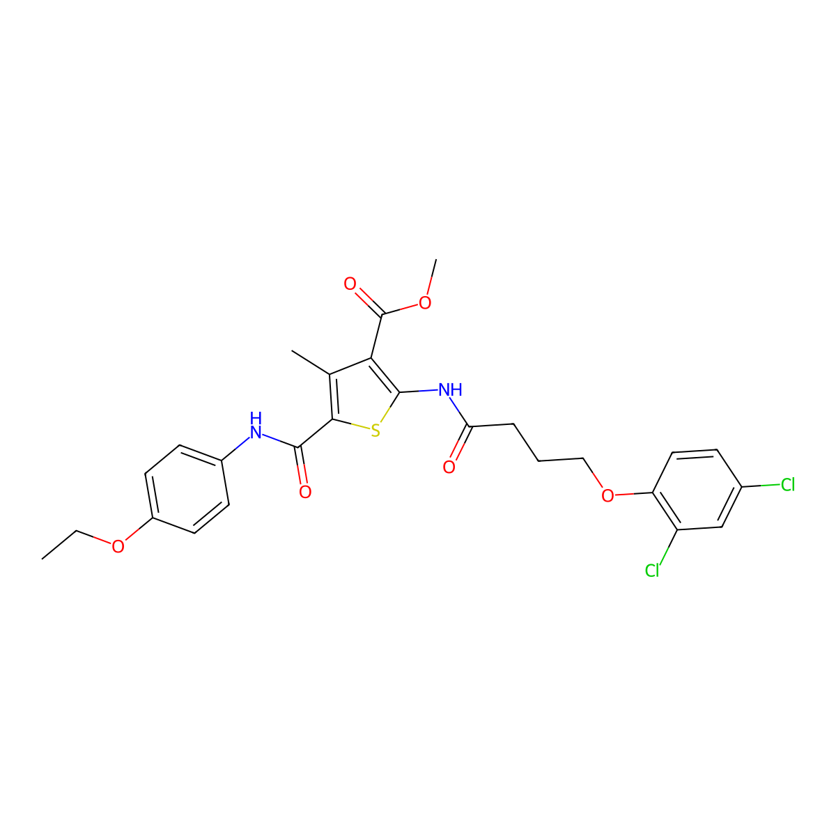 Methyl 2-(4-(2,4-dichlorophenoxy)butanamido)-5-((4-ethoxyphenyl)carbamoyl)-4-methylthiophene-3-carboxylate molecular structure, CAS 505096-63-9