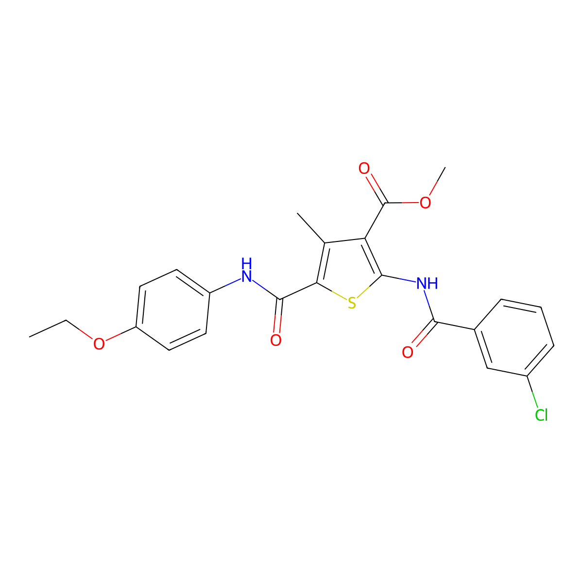 Methyl 2-(3-chlorobenzamido)-5-((4-ethoxyphenyl)carbamoyl)-4-methylthiophene-3-carboxylate molecular structure, CAS 505096-64-0