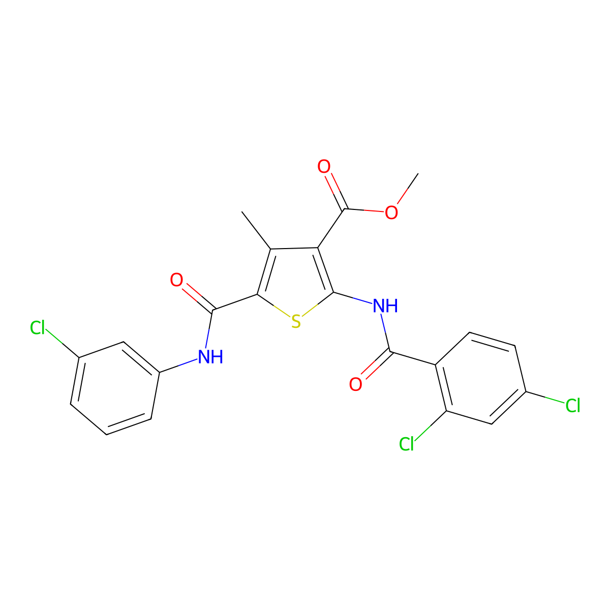 Methyl 5-((3-chlorophenyl)carbamoyl)-2-(2,4-dichlorobenzamido)-4-methylthiophene-3-carboxylate molecular structure, CAS 505096-71-9