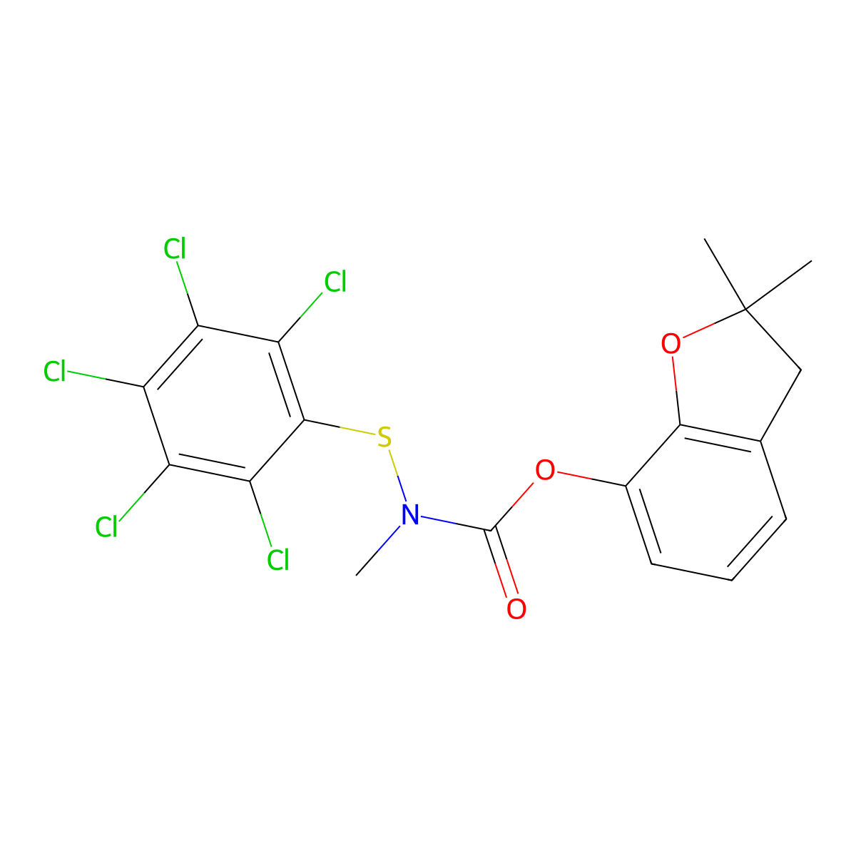 Carbamic acid, methyl((pentachlorophenyl)thio)-, 2,3-dihydro-2,2-dimethyl-7-benzofuranyl ester molecular structure, CAS 50539-76-9