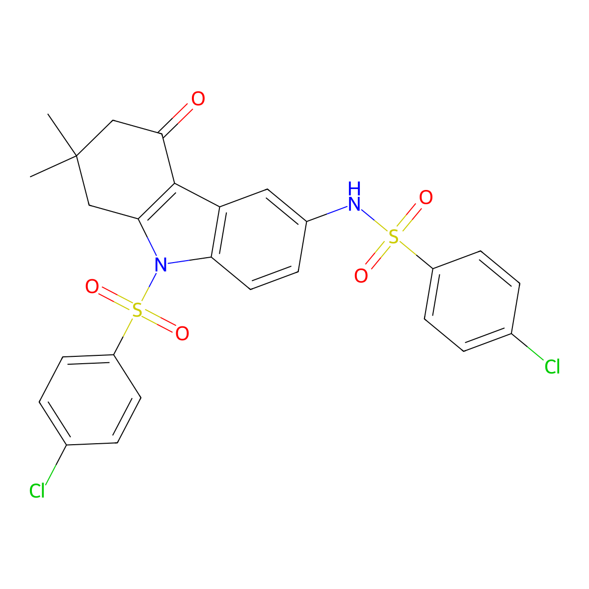 4-chloro-N-[9-(4-chlorophenyl)sulfonyl-7,7-dimethyl-5-oxo-6,8-dihydrocarbazol-3-yl]benzenesulfonamide molecular structure, CAS 5062-31-7
