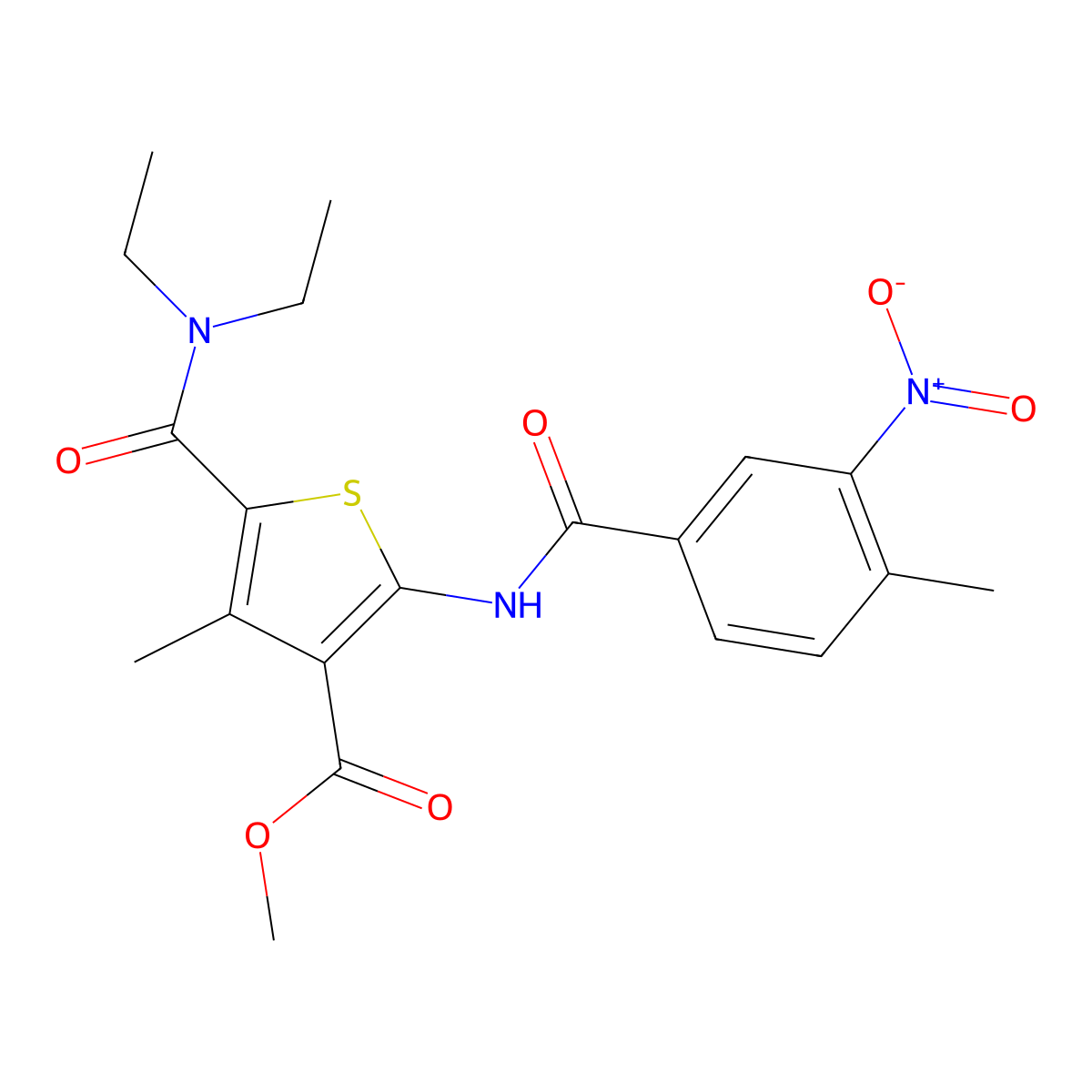 Methyl 5-(diethylcarbamoyl)-4-methyl-2-[(4-methyl-3-nitrobenzoyl)amino]thiophene-3-carboxylate molecular structure, CAS 506416-33-7