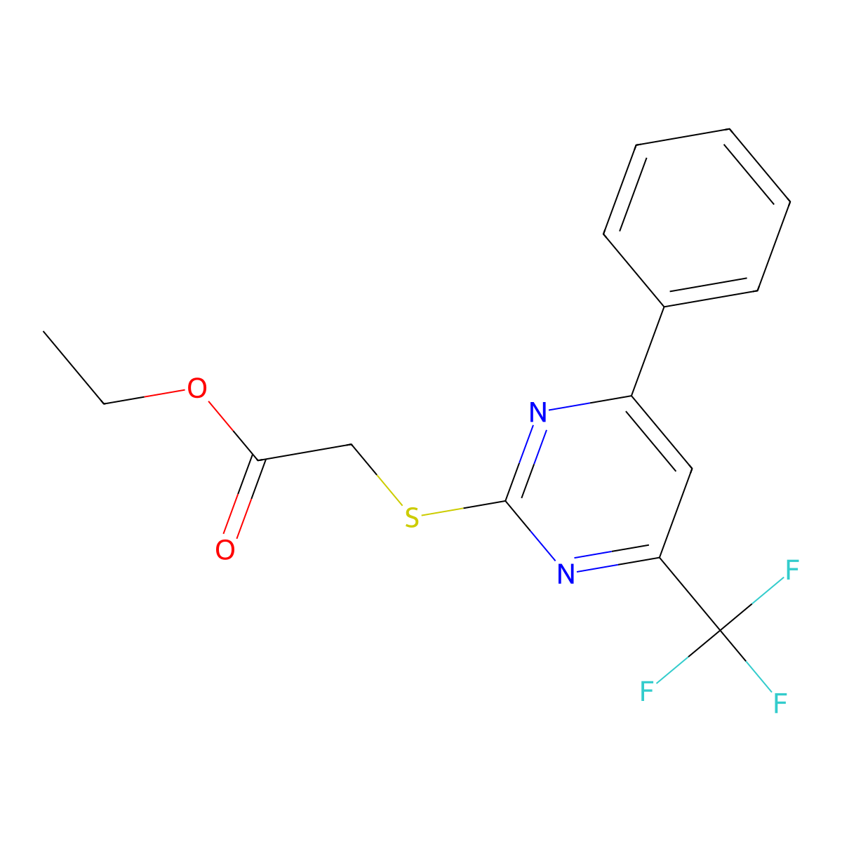 (4-Phenyl-6-trifluoromethyl-pyrimidin-2-ylsulfanyl)-acetic acid ethyl ester molecular structure, CAS 506418-84-4