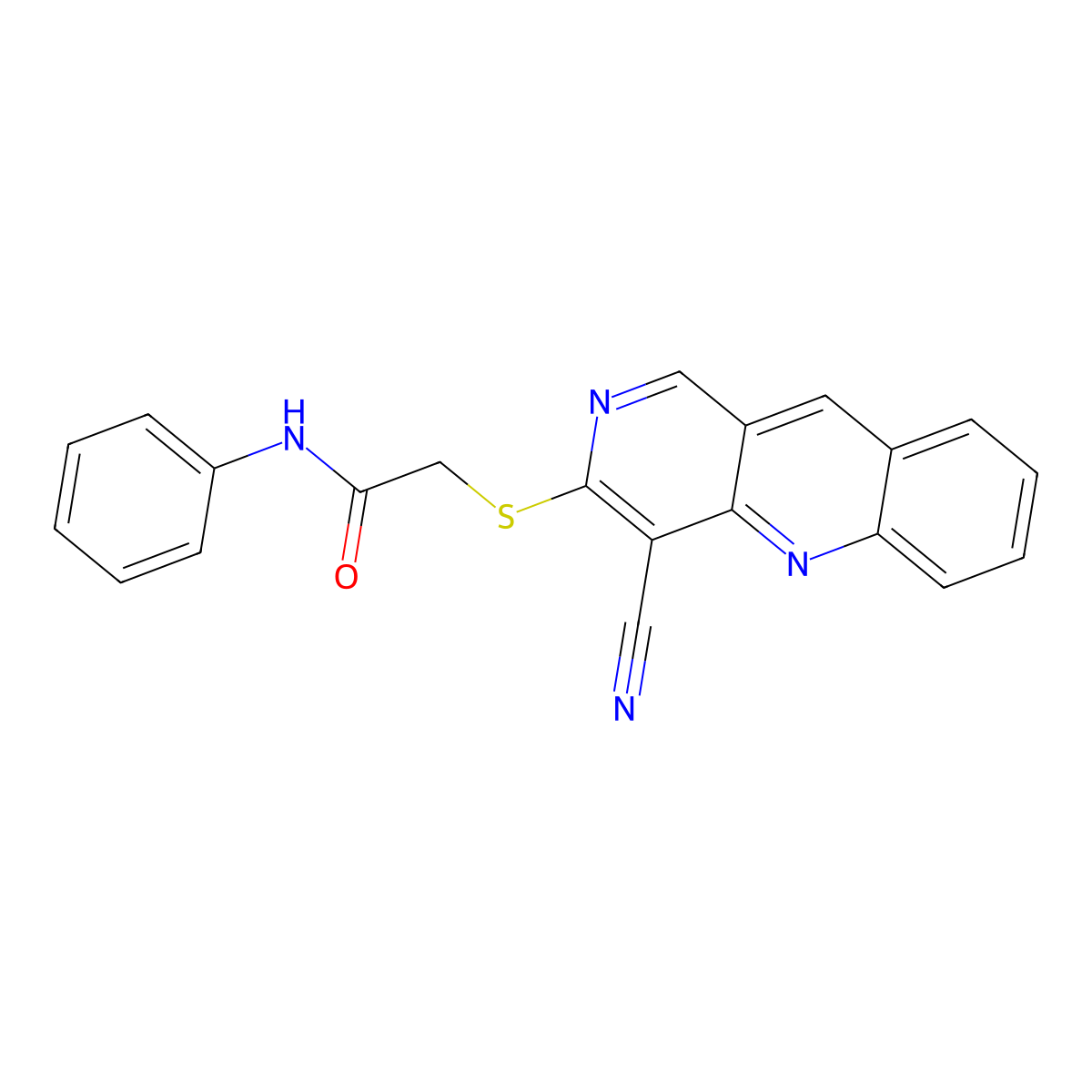 Acetamide, 2-[(4-cyanobenzo[b][1,6]naphthyridin-3-yl)thio]-N-phenyl- molecular structure, CAS 506429-47-6