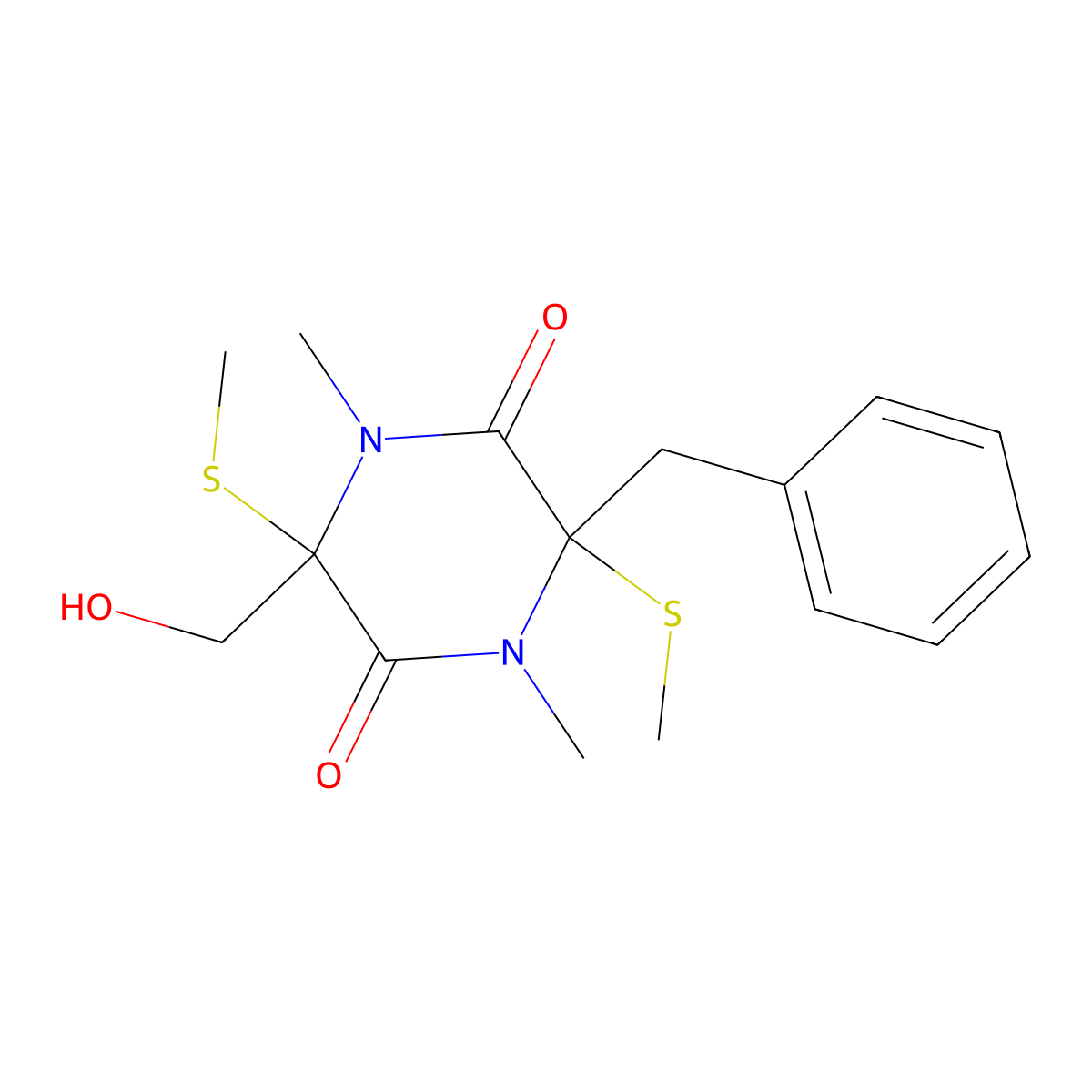 2-Benzyl-1,4-dimethyl-5-hydroxymethyl 2,5-bis(methylthio)-3,6-diketopiperazine molecular structure, CAS 50655-20-4