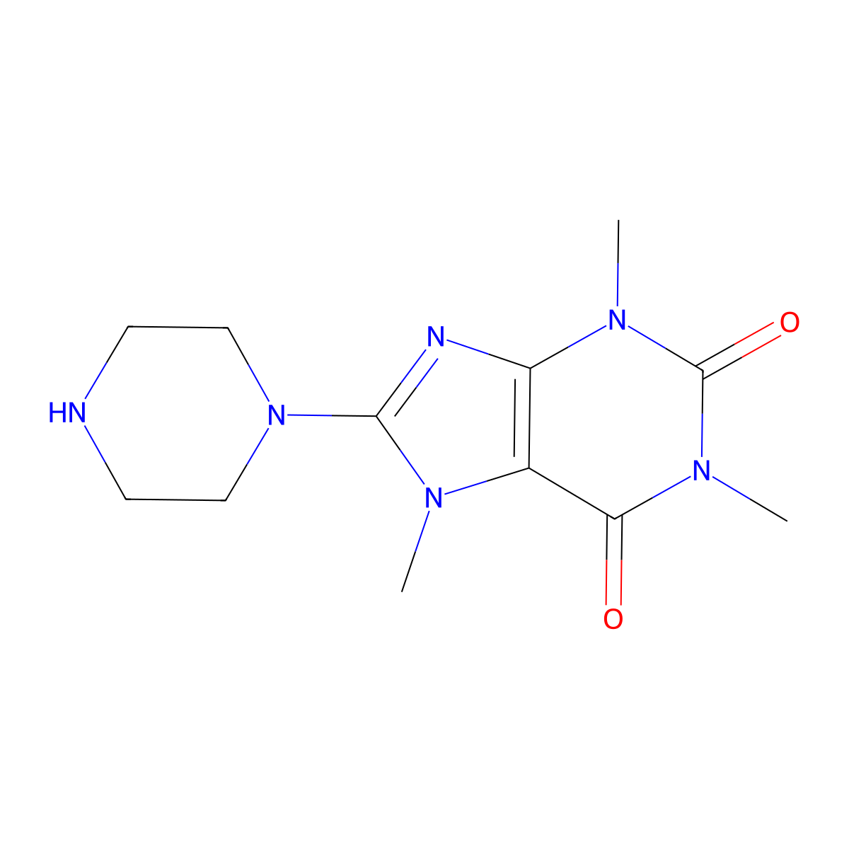 1,3,7-Trimethyl-8-piperazin-1-yl-3,7-dihydro-purine-2,6-dione molecular structure, CAS 50693-74-8