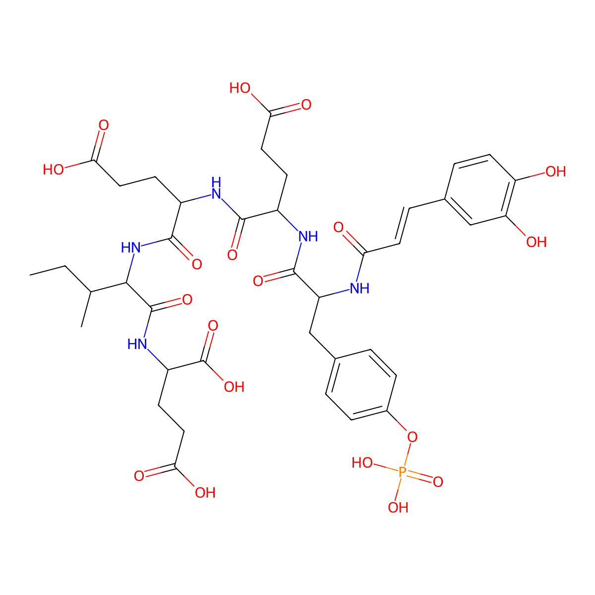 (2S)-2-[[(2S,3S)-2-[[(2S)-4-carboxy-2-[[(2S)-4-carboxy-2-[[(2S)-2-[3-(3,4-dihydroxyphenyl)prop-2-enoylamino]-3-(4-phosphonooxyphenyl)propanoyl]amino]butanoyl]amino]butanoyl]amino]-3-methylpentanoyl]amino]pentanedioic acid molecular structure, CAS 507471-72-9